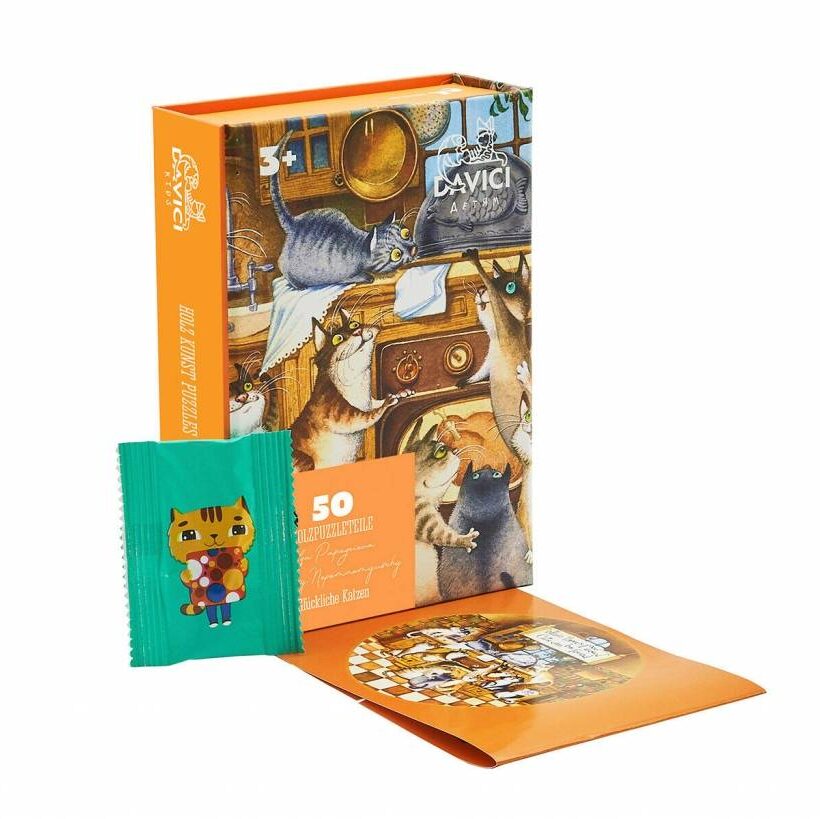 4670027201160f Medinė dėlionė Laimingos katės 50 detalių