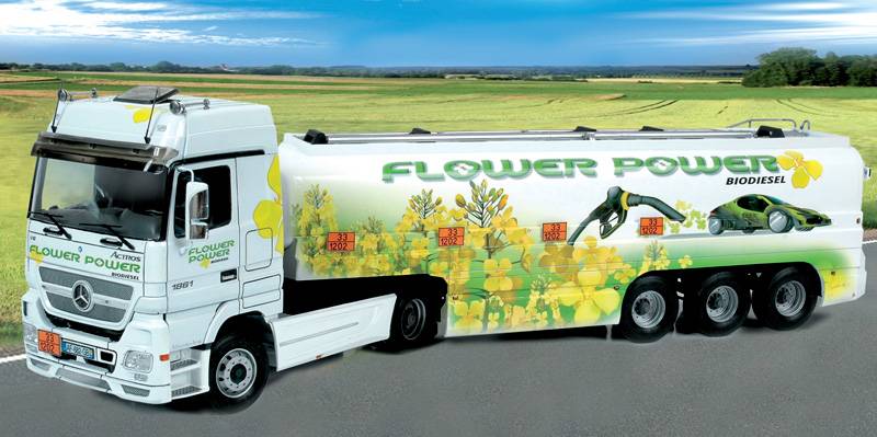 Klijuojamas plastikinis modeliukas Mercedes Benz Actros with Tank trailer Flower Power 1/24