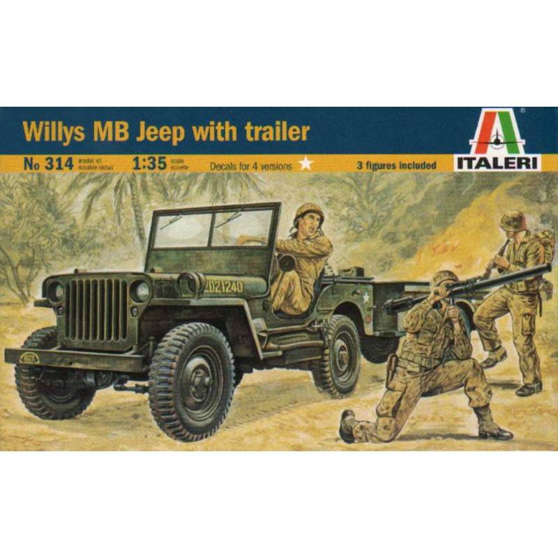 Klijuojamas plastikinis modeliukas Willys MB Jeep with Trailer ITALERI 314 1/35