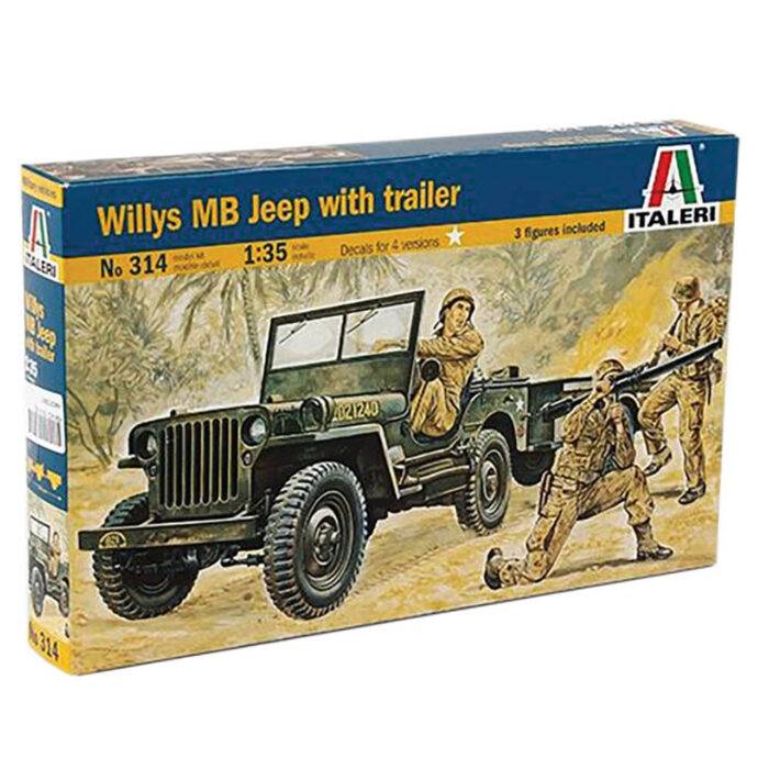 Klijuojamas plastikinis modeliukas Willys MB Jeep with Trailer ITALERI 314 1/35