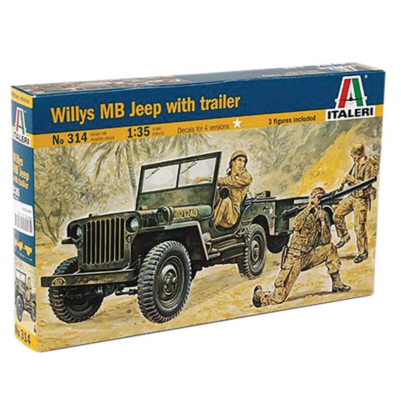 Klijuojamas plastikinis modeliukas Willys MB Jeep with Trailer ITALERI 314 1/35