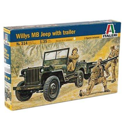 Klijuojamas plastikinis modeliukas Willys MB Jeep with Trailer ITALERI 314 1/35