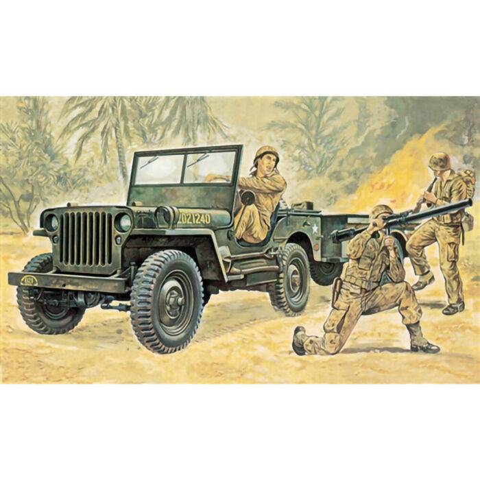 Klijuojamas plastikinis modeliukas Willys MB Jeep with Trailer ITALERI 314 1/35
