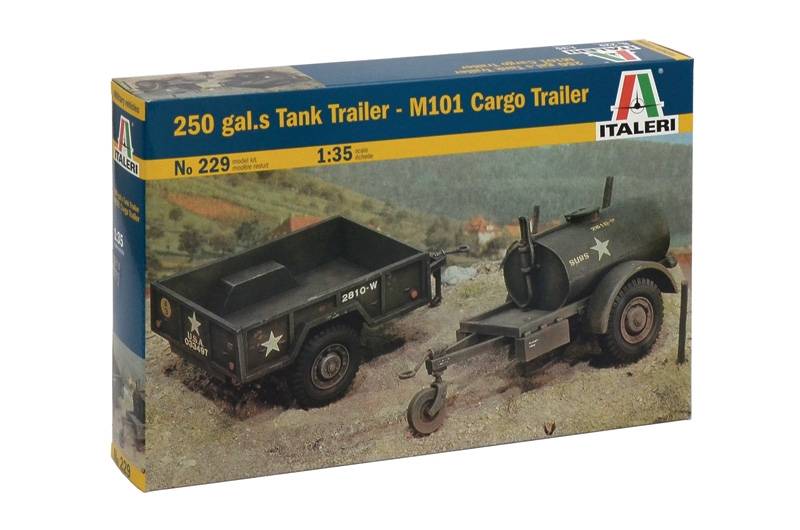 Klijuojamas plastikinis modelis American 250 galons Tank Trailer and M101 Cargo Trailer ITALERI 1/35