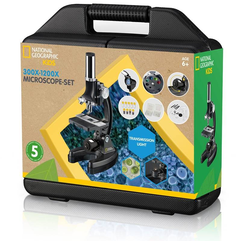 Mikroskopas National Geographic 300-1200x su priedais, lagamine