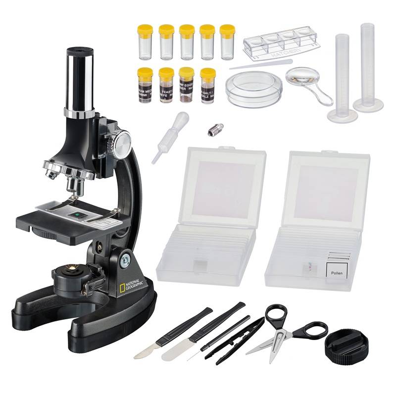 Mikroskopas National Geographic 300-1200x su priedais, lagamine