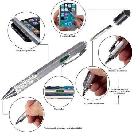 Daugiafunkcinis Tušinukas su gulsčiuku, liniuote (cm ir coliai), telefono lietikliu, dviejų rūšių atsuktuvai. 15cm