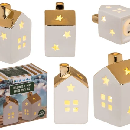 Dolomitinis Kalėdinis Namelis su LED Apšvietimu. 2 namelių rinkinys – Baltas su Auksiniu Stogu