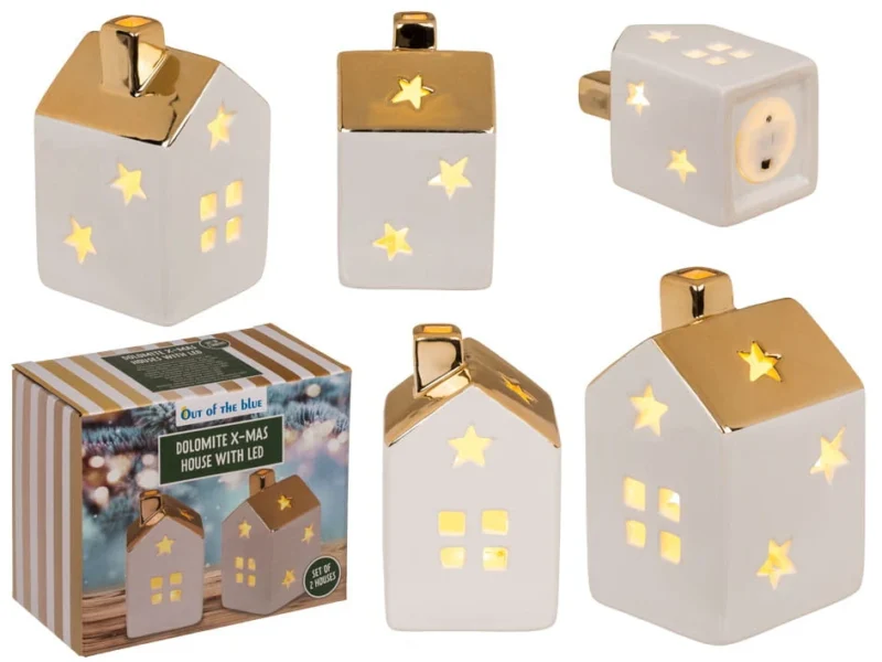 Dolomitinis Kalėdinis Namelis su LED Apšvietimu. 2 namelių rinkinys – Baltas su Auksiniu Stogu